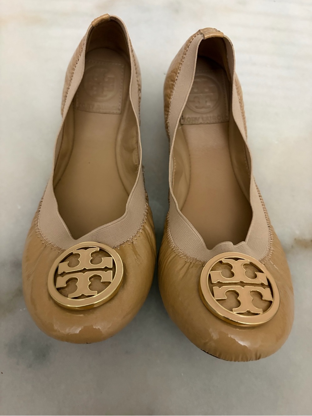 Tory Burch Tan Patent Logo Ballet Flats